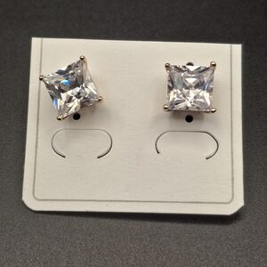 Square Clear Crystal Stud Earrings in Gold